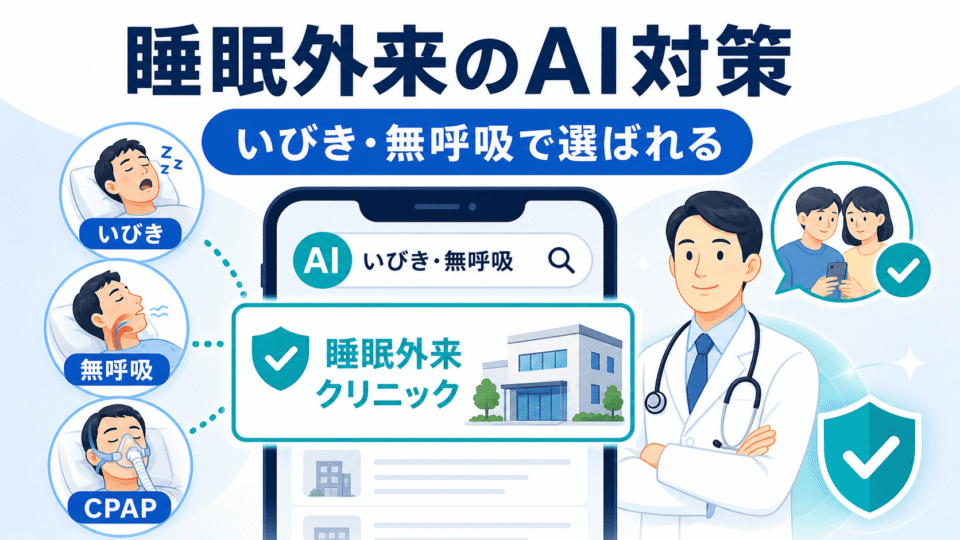 睡眠外来クリニックがAI検索でいびきや無呼吸の相談時に選ばれるための対策を示したアイキャッチ画像