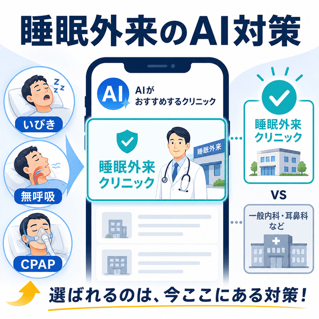 いびき・無呼吸・CPAPの検索で睡眠外来クリニックがAIに推薦される流れを示した図解