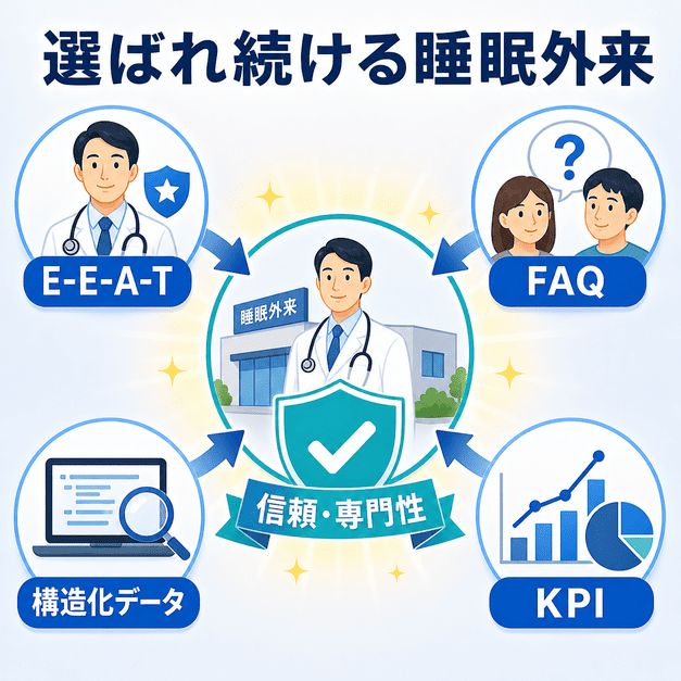 E-E-A-T、FAQ、構造化データ、KPI管理を統合しAI検索時代に選ばれ続ける睡眠外来を示した総まとめ図