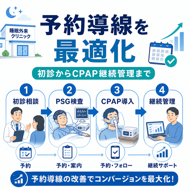 初診相談からPSG検査、CPAP導入、継続管理までの予約導線を最適化する流れを図解