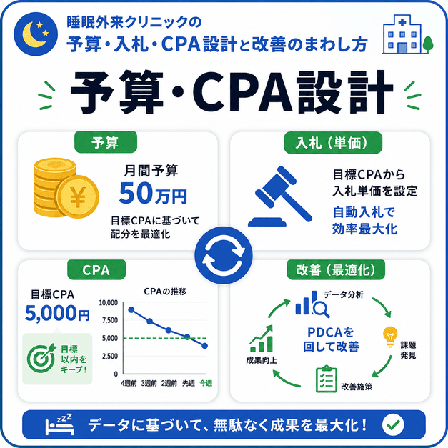 睡眠外来クリニックの広告予算、入札、CPA設計、改善サイクルを示したイラスト