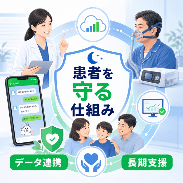 睡眠外来のLINE運用でCPAPデータ連携と長期支援により患者を守る仕組みを表したまとめ用イラスト
