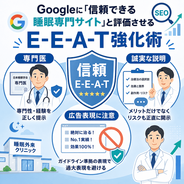 睡眠専門サイトとして専門医情報、誠実な説明、医療広告表現への配慮でE-E-A-Tを高める方法を図解