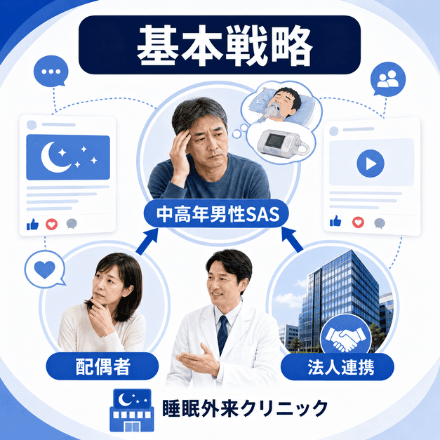 睡眠外来クリニックのFacebook集患における中高年男性SAS、配偶者、法人連携の基本戦略を示した図解