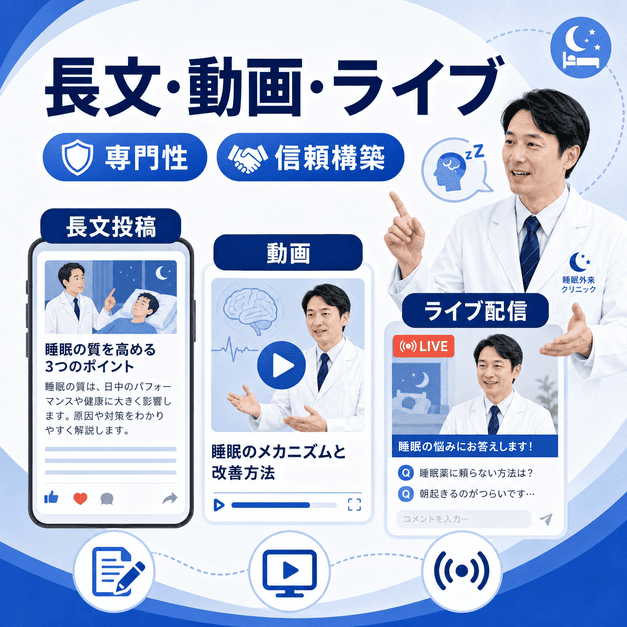 睡眠外来のFacebook運用で長文投稿、動画、ライブ配信を使い専門性と信頼を高める様子