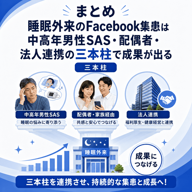 睡眠外来のFacebook集患で中高年男性SAS、配偶者経由、法人連携の三本柱を成果につなげる図解