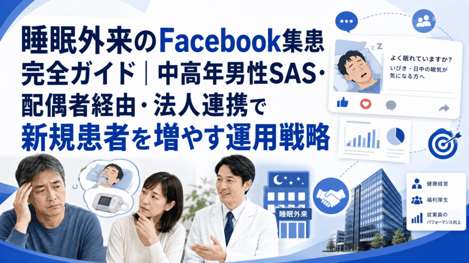 睡眠外来のFacebook集患戦略を、中高年男性SAS患者、配偶者経由、法人連携の視点で表したアイキャッチ画像