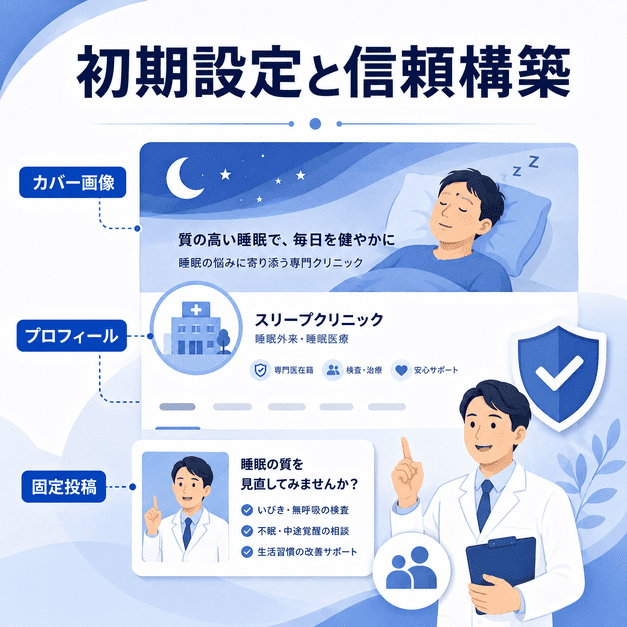 睡眠外来クリニックのFacebookビジネスページでカバー画像、プロフィール、固定投稿を整えて信頼を高める様子