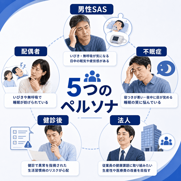 睡眠外来のFacebook集患で重要な男性SAS、配偶者、不眠症、健診後、法人の5つのペルソナを示した図解