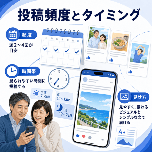 睡眠外来のFacebook投稿で頻度、時間帯、ビジュアルを中高年ペルソナに合わせて設計する様子