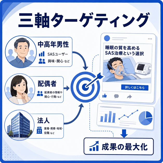 睡眠外来のFacebook広告で中高年男性、配偶者、法人を三軸でターゲティングする仕組みを示した図解