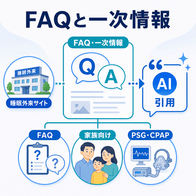 FAQや家族向けガイド、PSG・CPAP情報などの一次情報がAI引用につながる仕組みを示した図解