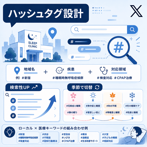 睡眠外来のX集患で地域名・疾患名・対応領域を組み合わせてハッシュタグを設計するイメージ