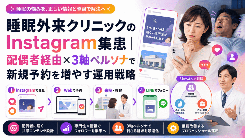 睡眠外来クリニックのInstagram集患で、配偶者経由の導線と3軸ペルソナを活用して新規予約を増やす流れを示したイメージ