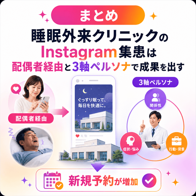 睡眠外来のInstagram集患で配偶者経由の導線と3軸ペルソナを活用し、新規予約増加につなげるまとめイラスト