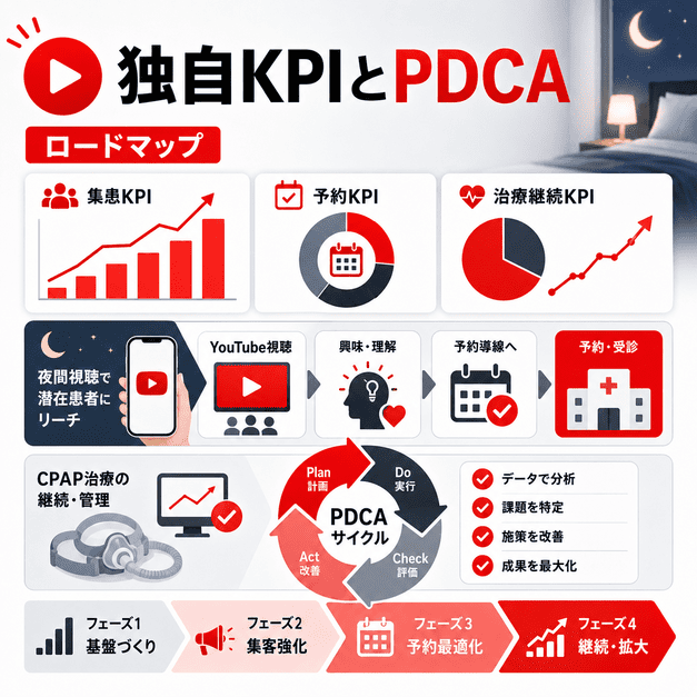 睡眠外来のYouTube運用で独自KPI、PDCA、ロードマップを管理して改善する様子