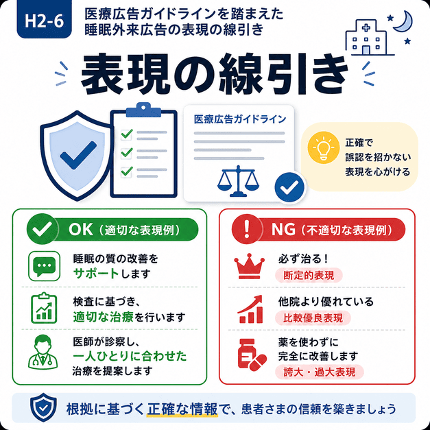 医療広告ガイドラインに沿って、適切な表現と避けるべき表現を線引きするイラスト