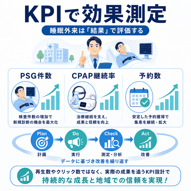 PSG検査数・CPAP継続率・予約数をKPIとして測定し、MEO施策を改善する流れを示した図解
