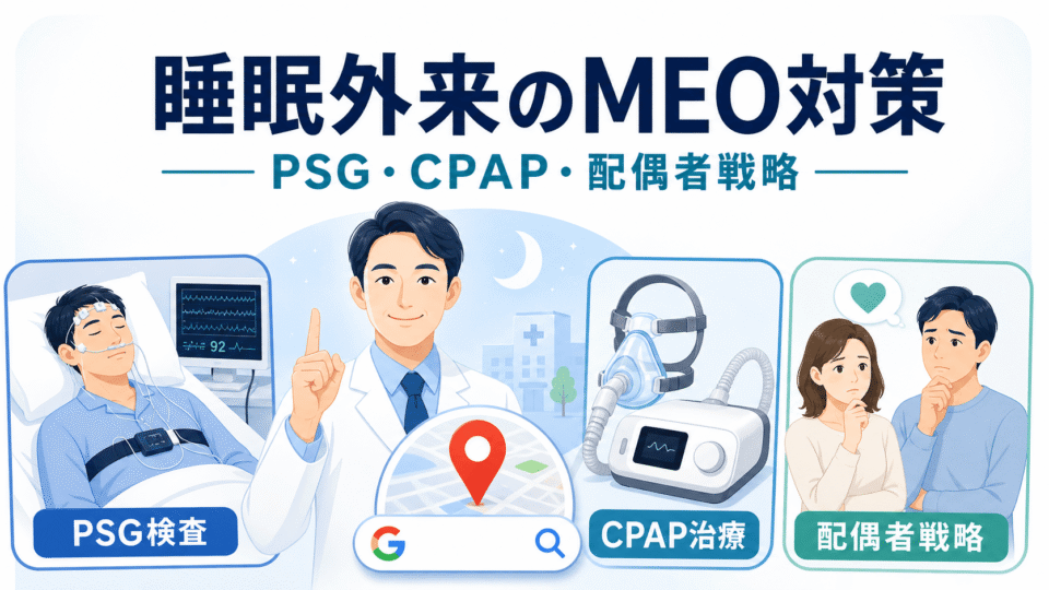 睡眠外来クリニックのMEO対策として、PSG検査・CPAP治療・配偶者への訴求を組み合わせた広域集患戦略を表したアイキャッチ画像