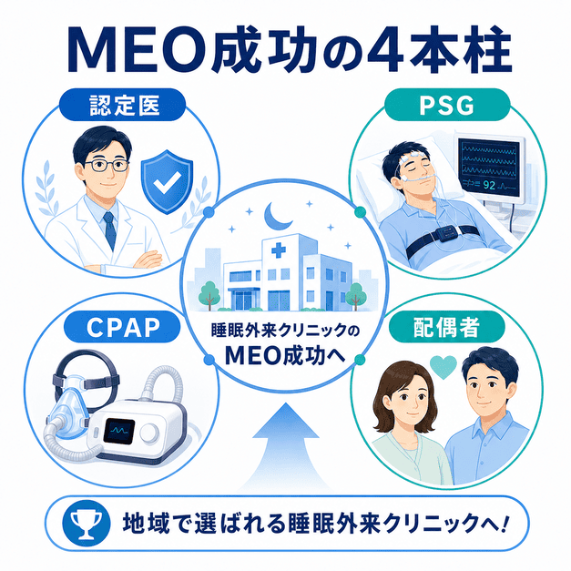 認定医・PSG検査・CPAP管理・配偶者への訴求という4本柱で睡眠外来のMEO成功を目指す総まとめ図