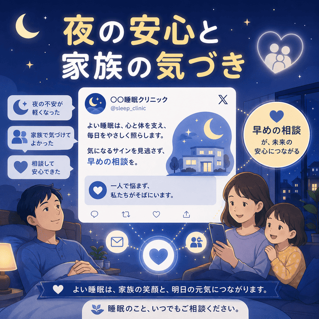 睡眠外来のX運用が眠れない夜の安心と家族の気づきにつながるイメージ