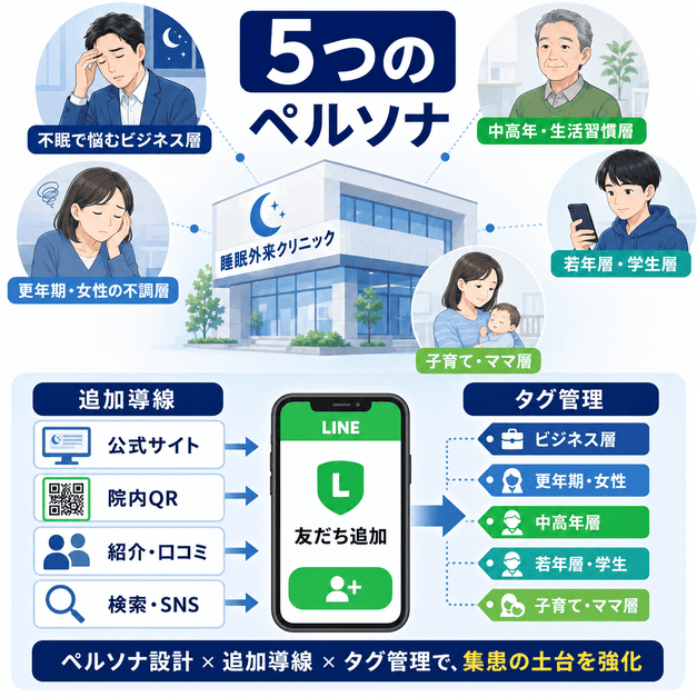 睡眠外来LINE集患で重要な5つのペルソナ設計と友だち追加導線、タグ管理の流れを示したイラスト