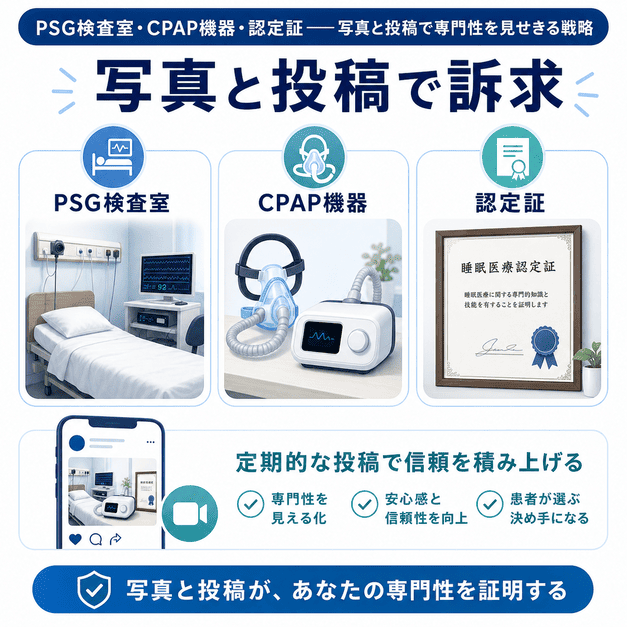 PSG検査室・CPAP機器・認定証の写真と投稿によって睡眠外来の専門性を視覚的に訴求する方法を示した図解