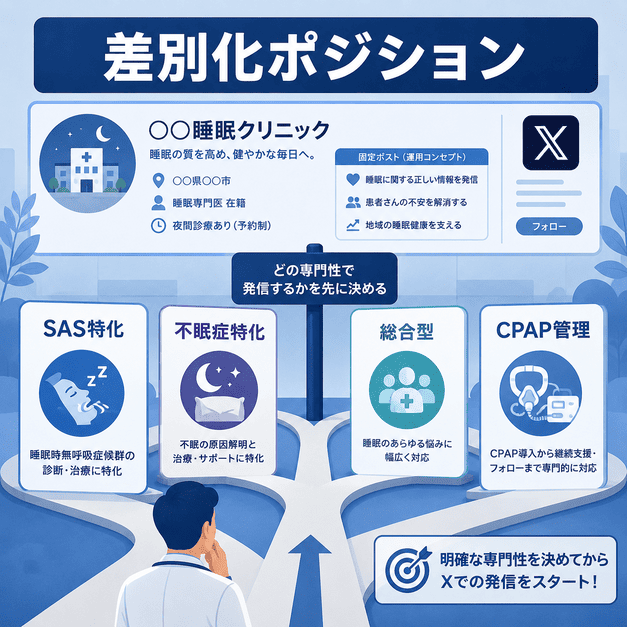 睡眠外来クリニックがSAS特化・不眠症特化・総合型・CPAP管理型から発信方針を決めるイメージ