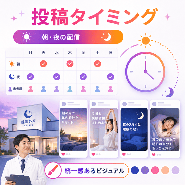 朝夜の投稿タイミングと統一感あるビジュアルで睡眠外来のInstagramブランドを築く様子を示したイラスト