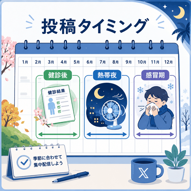 健診後・熱帯夜・感冒期に合わせて睡眠外来のX投稿タイミングを設計するカレンダーのイメージ