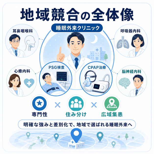 睡眠外来クリニックが地域競合の中で専門性・住み分け・広域集患を軸に差別化する全体像を示した図解
