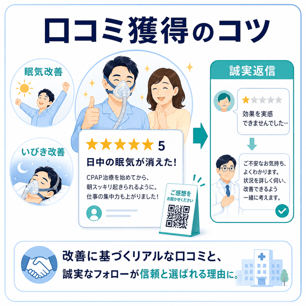 CPAP治療後の眠気改善やいびき改善の口コミを獲得し、ネガティブ口コミにも誠実に返信する流れを示した図解