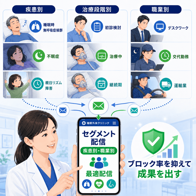 睡眠時無呼吸症候群、不眠症、概日リズム障害などの患者に合わせてセグメント配信する仕組みを表したイラスト