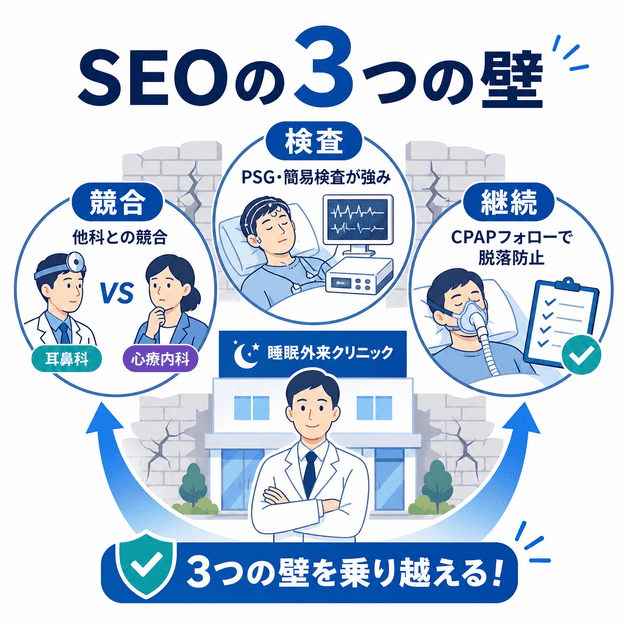睡眠外来クリニックがSEOで直面する他科との競合、検査訴求、CPAP継続管理の3つの壁を図解