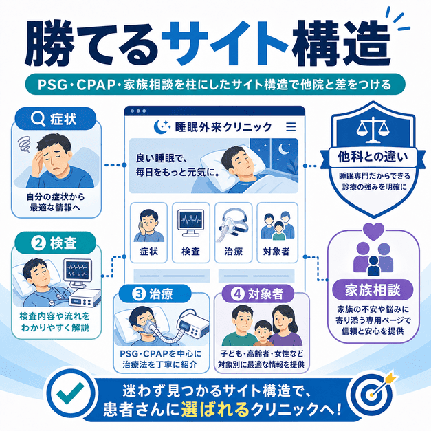 PSG・CPAP・家族相談を柱に、症状・検査・治療・対象者から探せる睡眠外来サイト構造を図解