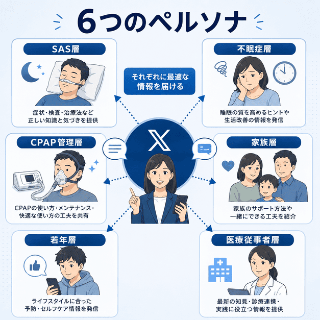 睡眠外来のX運用でSAS層・不眠症層・CPAP管理層・家族層など6つのペルソナに配信するイメージ