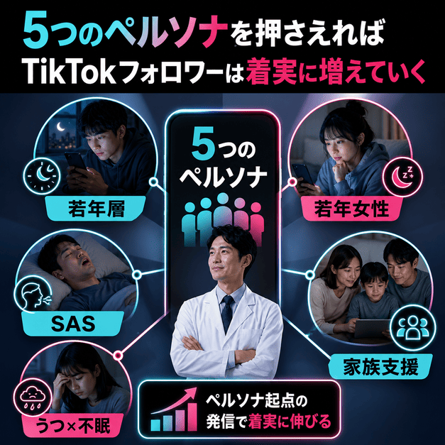 睡眠外来TikTok運用で押さえる若年層、若年女性、SAS、うつと不眠、家族支援の5つのペルソナを表したイラスト