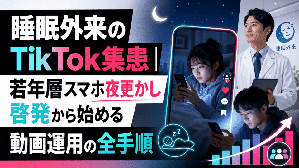 睡眠外来がTikTokで若年層のスマホ夜更かし啓発を行い、動画運用で集患につなげる流れを表したアイキャッチ画像