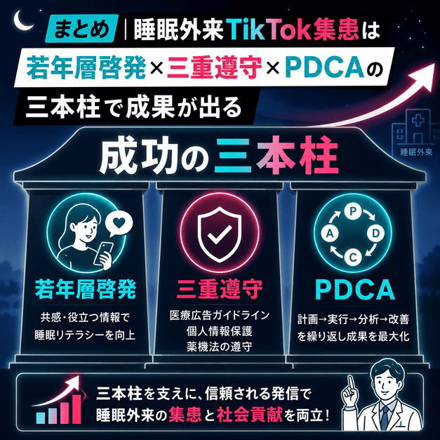 睡眠外来TikTok集患の成功要因である若年層啓発、三重遵守、PDCAの三本柱を表したまとめ用イラスト