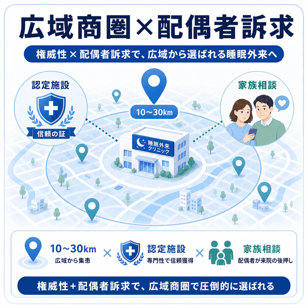 睡眠外来クリニックが認定施設としての権威性と配偶者への訴求で広域商圏から選ばれる仕組みを示した図解