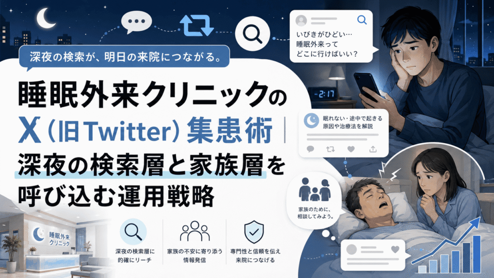 睡眠外来クリニックのX運用で深夜の検索層と家族層に情報を届ける集患戦略のイメージ
