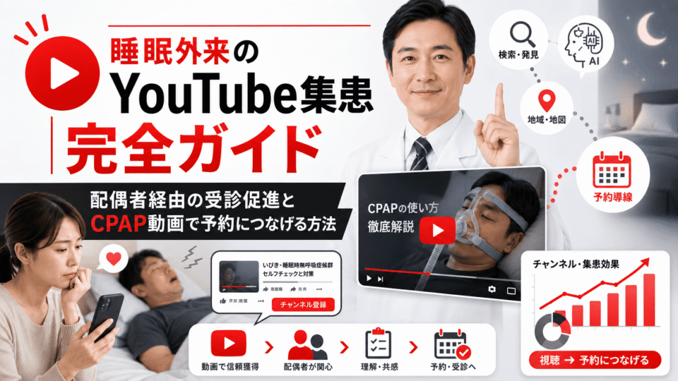 睡眠外来のYouTube集患で配偶者経由の受診促進やCPAP動画から予約につなげる流れを表した画像