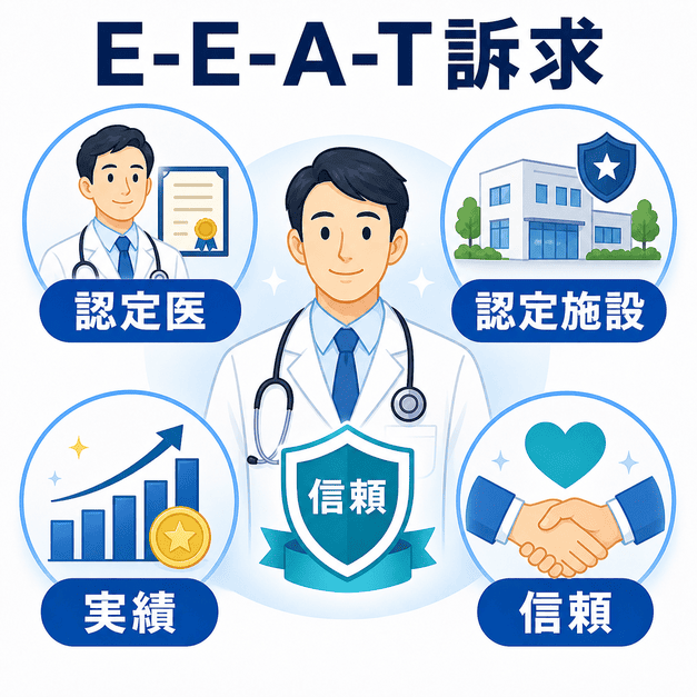 睡眠学会認定医や認定施設、実績、信頼性をAIへ伝えるE-E-A-T訴求を示した図解