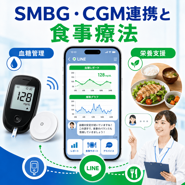SMBG・CGMの血糖データ連携と食事療法をLINEで支援し、管理栄養士が患者をサポートする様子を示したイラスト