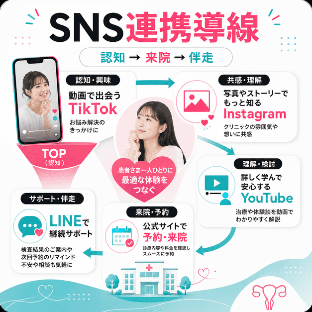 TikTokからInstagram、YouTube、公式サイト、LINEへつながる産婦人科クリニックのSNS導線図