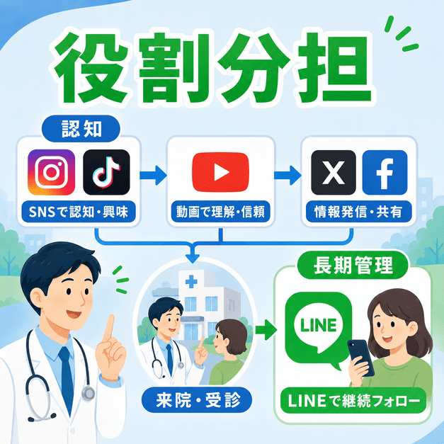 他のSNSで認知を獲得し、来院後はLINEで長期管理へつなげる役割分担を表したイラスト