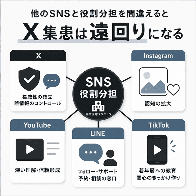 X・Instagram・YouTube・LINE・TikTokの役割分担を整理する再生医療クリニック向けSNS運用イラスト