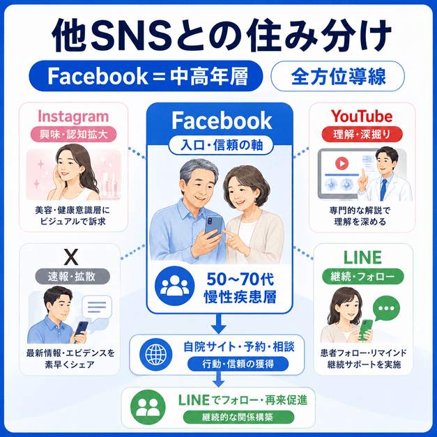 Facebookを中高年慢性疾患層への入口として、InstagramやYouTube、X、LINEとの役割分担を示したイラスト