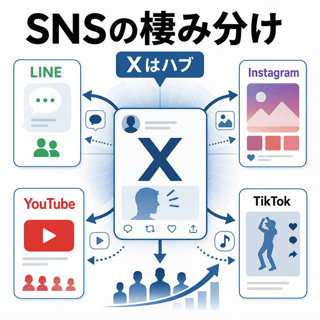 LINE・Instagram・YouTube・TikTokとXの役割を分け、XをSNS全体のハブとして活用する図解イラスト