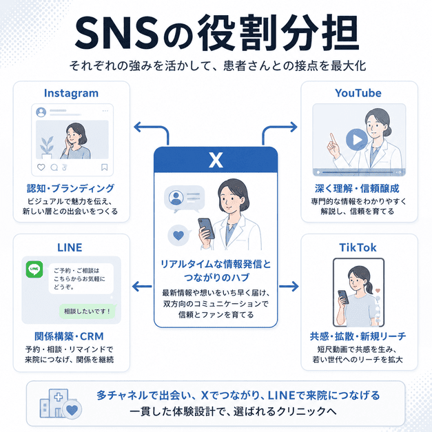 Xを中心にInstagram、YouTube、LINE、TikTokの役割を分けてクリニック集患に活用する構成を示したイラスト
